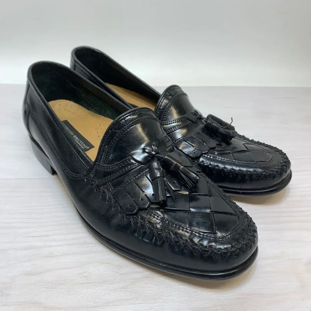 Giorgio Brutini Mens Size 9D Le‎ Glove Tassle Kiltie Black Woven Leather Loafers